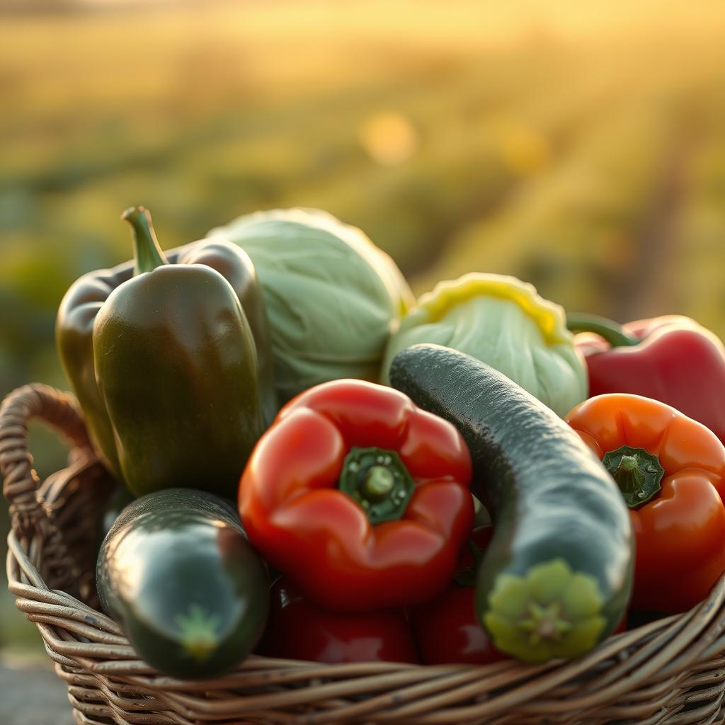 A basket of fresh farm produce at the farm